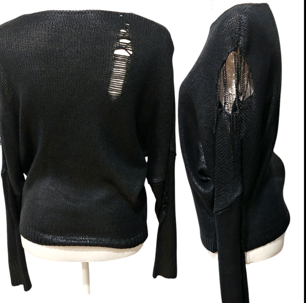 Distressed shiny knit top with chain details black NWT